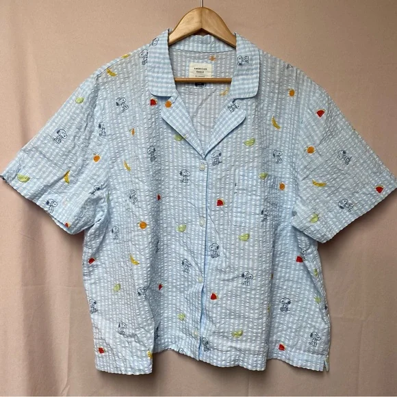 Peanuts x AE Snoopy Fruit Seersucker PJ Set XXL Blue Gingham Short Sleeve/Shorts - Picture 5 of 12